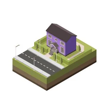Isometric house. Vector isometric element with suburban violet house. Stock-Illustration