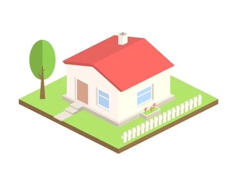 Isometric house on white background. 3d cottage with tree and fence. Real estate Stock Illustration