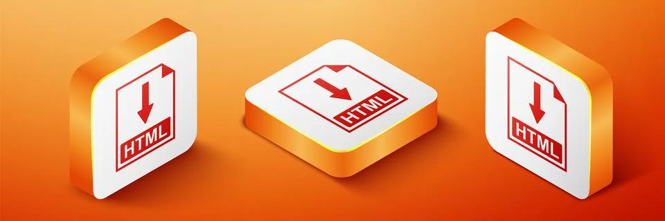 Isometric HTML file document icon. Download HTML button icon isolated on orange Stockillustratie