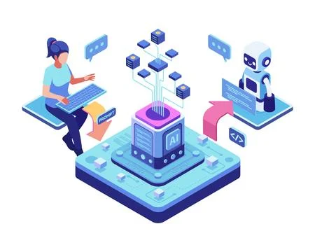 Isometric Human and Robot Interacting Through a Prompt Engineering Illustrazione stock