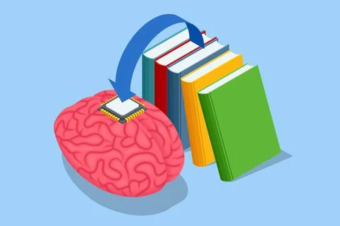 Isometric human brain with micro chip. artificial intelligence and implants of 스톡 일러스트