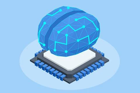 Isometric human brain with micro chip. artificial intelligence and implants of Stock Illustration