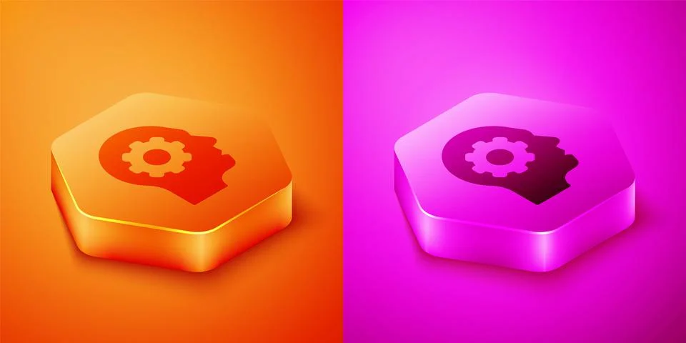 Isometric Human head with gear inside icon isolated on orange and pink Illustrazione stock