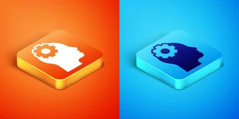 Isometric Human head with gear inside icon isolated on orange and blue Illustrazione stock