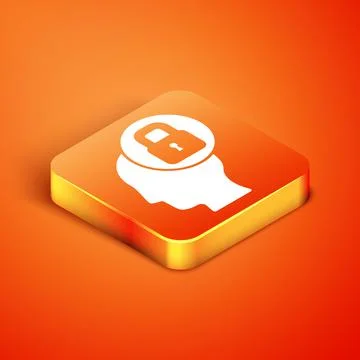 Isometric Human head with lock icon isolated on orange background.  Vector Stock Illustration