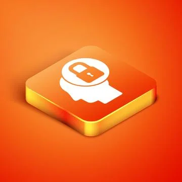 Isometric Human head with lock icon isolated on orange background.  Vector .. Stock Illustration
