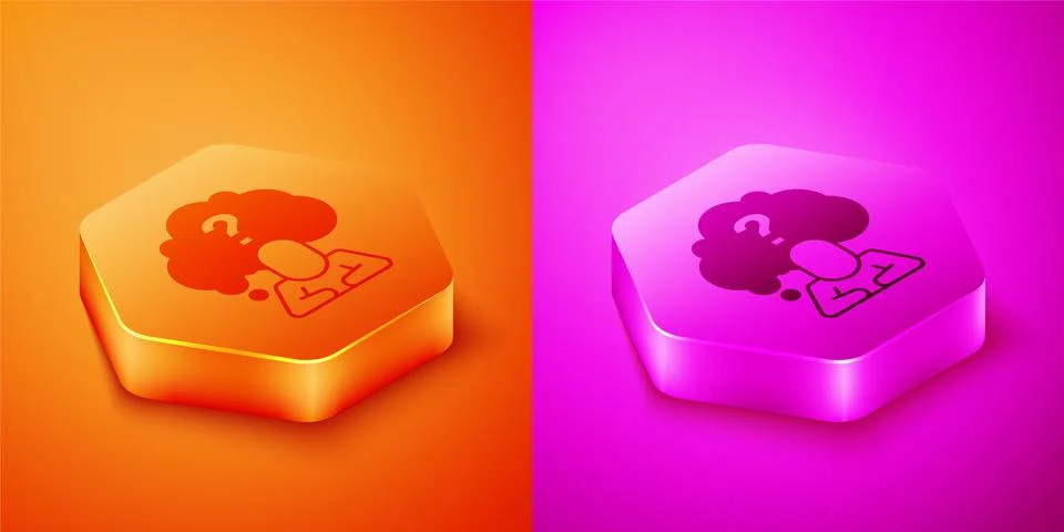 Isometric Human head with question mark icon isolated on orange and pink Stock Illustration