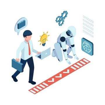 Isometric Human vs Robot Competing for Jobs 스톡 일러스트