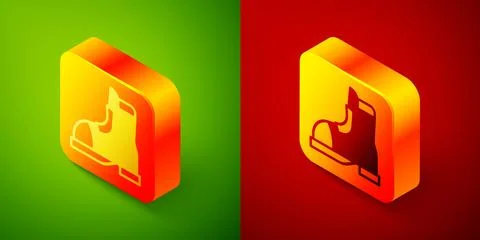 Isometric Hunter boots icon isolated on green and red background. Square button Illustrazione stock