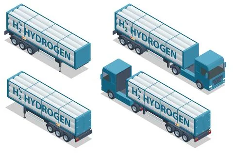 Isometric Hydrogen storage sphere and truck. Isometric Hydrogen fuel car Stock Illustration