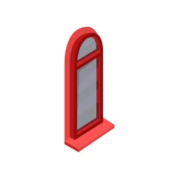 Isometric icon of arched window with bright red frame and gray glass. Vector Stock Illustration