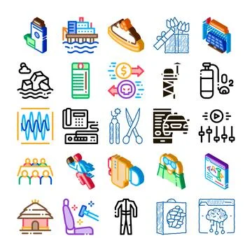 Isometric icon collection depicting various abstract concepts Stock Illustration