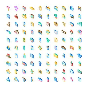 Isometric icon collection featuring various simple business graphics Stock Illustration