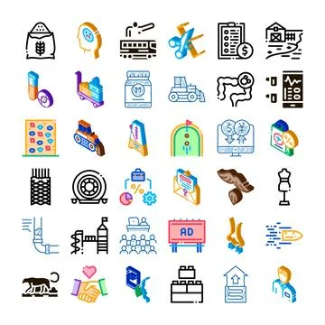 Isometric icon collection illustrating various business concepts and objects Stock Illustration