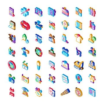 Isometric icon collection representing business, science, and technology Stock Illustration