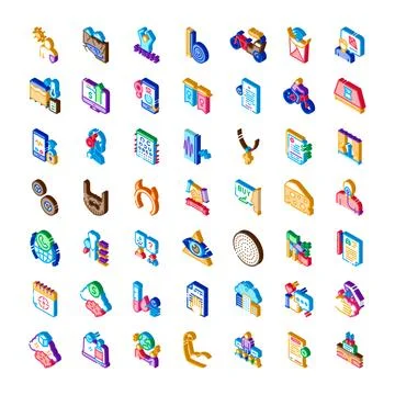 Isometric icon collection representing business, finance and medical concepts Stock Illustration