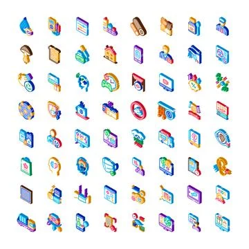 Isometric icon collection representing daily life and business concepts Stock Illustration