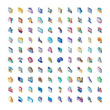 Isometric icon collection representing digital business concepts Stock Illustration
