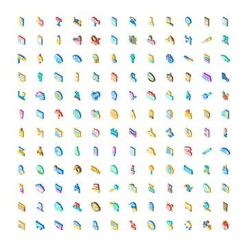 Isometric icon collection representing diverse objects and symbols Stock Illustration