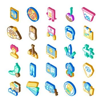 Isometric icon collection representing diverse concepts and objects Stock Illustration