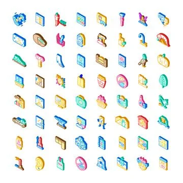 Isometric icon collection representing diverse concepts and objects Stock Illustration