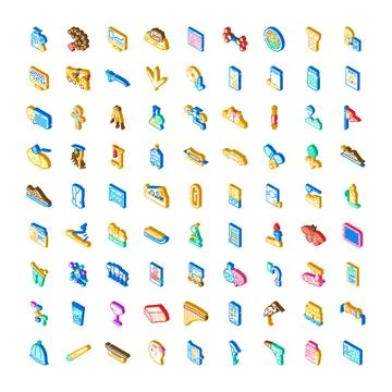 Isometric icon collection representing diverse objects and tools Illustrazione stock