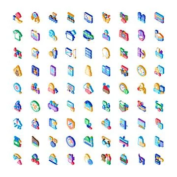 Isometric icon collection representing various business symbols Stock Illustration