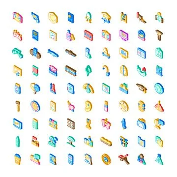Isometric icon collection representing various objects and concepts Stock Illustration