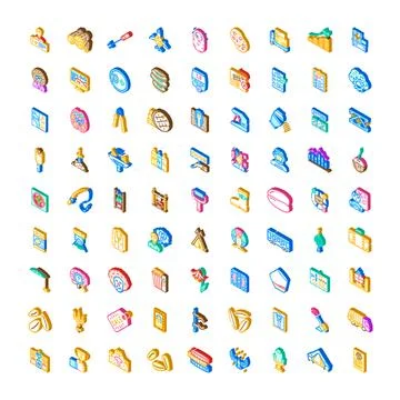 Isometric icon collection representing various business objects elements Stock Illustration