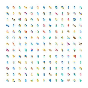 Isometric icon collection representing various objects and categories Illustrazione stock