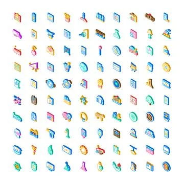 Isometric icon collection representing various objects and concepts Stock Illustration