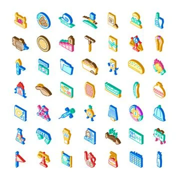 Isometric icon collection representing various business and technology themes Stock Illustration
