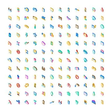 Isometric icon collection representing various objects and actions Stock Illustration