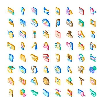 Isometric icon collection representing various concepts and objects Stock Illustration