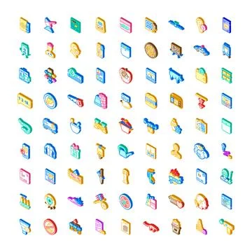 Isometric icon collection representing various objects and concepts Stock Illustration
