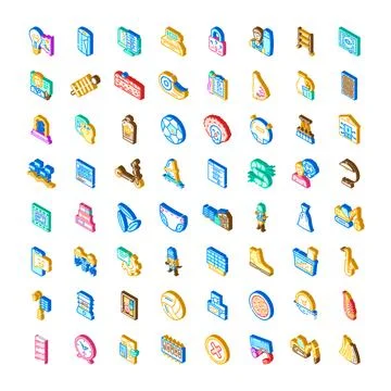 Isometric icon collection representing various objects and concepts 스톡 일러스트