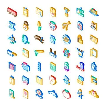Isometric icon collection representing various objects and concepts Stock Illustration