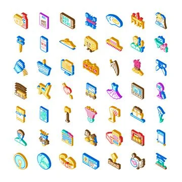 Isometric icon collection representing various themes and concepts Stock Illustration