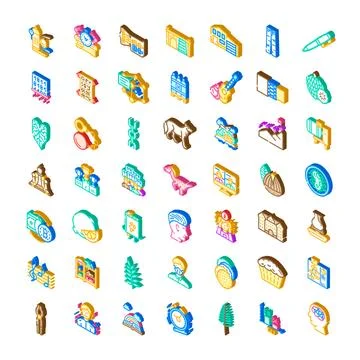 Isometric icon collection representing various objects and concepts Stock Illustration