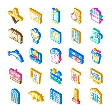 Isometric icon collection representing various objects and concepts Stock Illustration