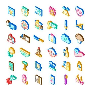 Isometric icon collection representing various concepts and objects Illustrazione stock