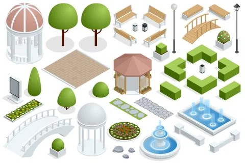 Isometric icon set for construction beautiful city parks. Buildings city garden Illustrazione stock