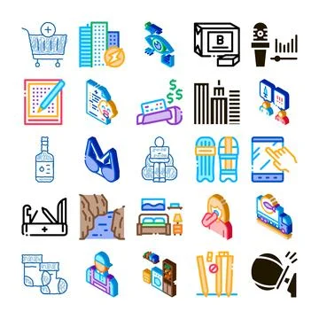 Isometric icon set depicting diverse modern life concepts Stock Illustration