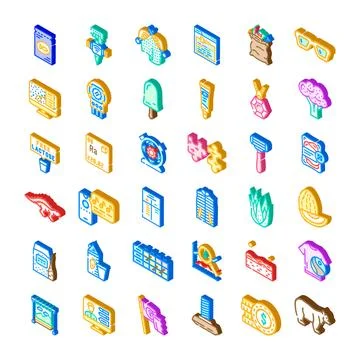 Isometric icon set depicting diverse objects and concepts Stock Illustration