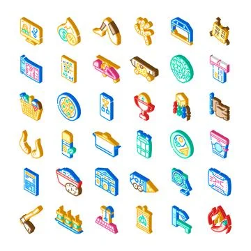 Isometric icon set depicting diverse business and industry concepts Stock Illustration
