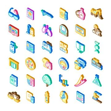 Isometric icon set depicting everyday objects and concepts Stock Illustration