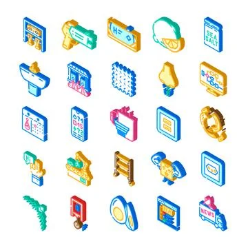 Isometric icon set depicting various everyday objects Stock Illustration