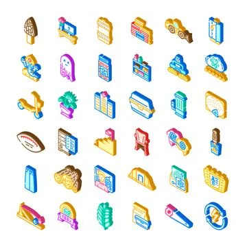 Isometric icon set diverse objects and concepts Stock Illustration