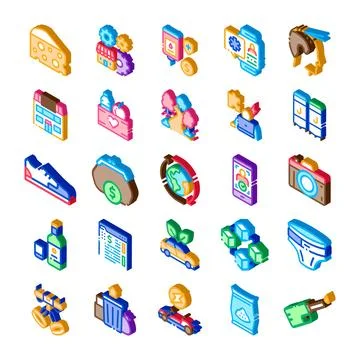 Isometric icon set illustrating modern lifestyle and economy Stock Illustration