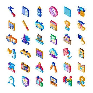 Isometric icon set illustrating various designs and symbols Stock Illustration